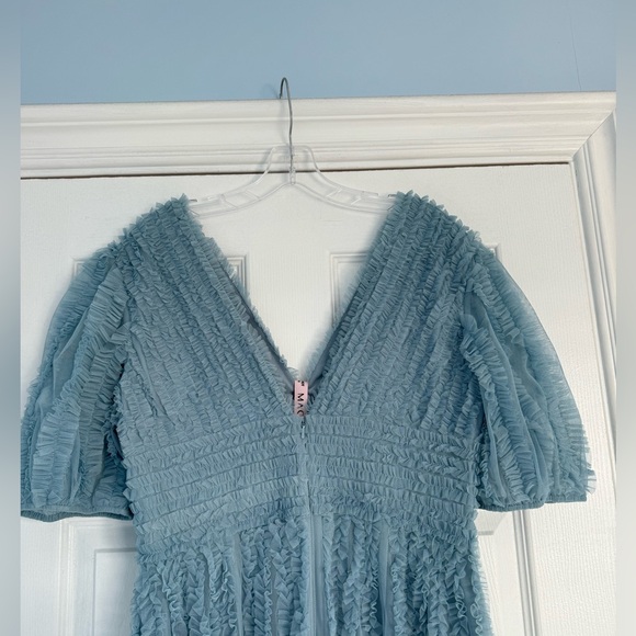 MAC DUGGAL | V Neck Puff Sleeve Ruffle Tiered A Line Gown - Picture 8 of 14